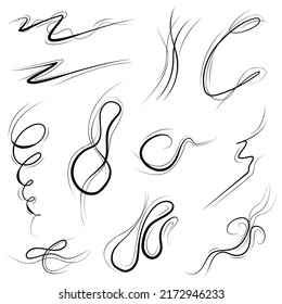 Big Set Black Collection Simple Line Winds Gust Squall Curl Doodle Outline Nature Element Vector Design Style Sketch Isolated Illustration