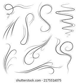 Big Set Black Collection Simple Line Winds Gust Squall Curl Doodle Outline Nature Element Vector Design Style Sketch Isolated Illustration