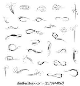 Big Set Black Collection Simple Line Winds Gust Squall Curl Doodle Outline Nature Element Vector Design Style Sketch Isolated Illustration