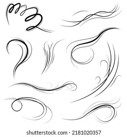 Big Set Black Collection Simple Line Winds Gust Squall Curl Doodle Outline Nature Element Vector Design Style Sketch Isolated Illustration