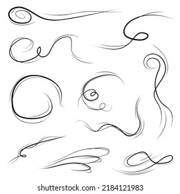 Big Set Black Collection Simple Line Winds Gust Squall Curl Doodle Outline Nature Element Vector Design Style Sketch Isolated Illustration