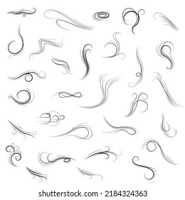 Big Set Black Collection Simple Line Winds Gust Squall Curl Doodle Outline Nature Element Vector Design Style Sketch Isolated Illustration