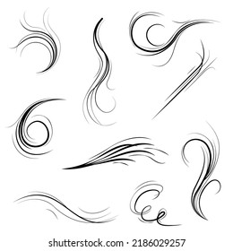 Big Set Black Collection Simple Line Winds Gust Squall Curl Doodle Outline Nature Element Vector Design Style Sketch Isolated Illustration