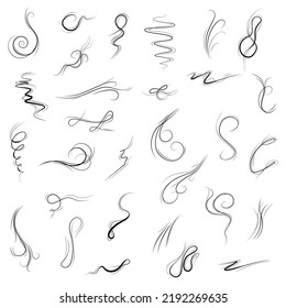 Big Set Black Collection Simple Line Winds Gust Squall Curl Doodle Outline Nature Element Vector Design Style Sketch Isolated Illustration