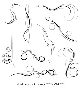 Big Set Black Collection Simple Line Winds Gust Squall Curl Doodle Outline Nature Element Vector Design Style Sketch Isolated Illustration