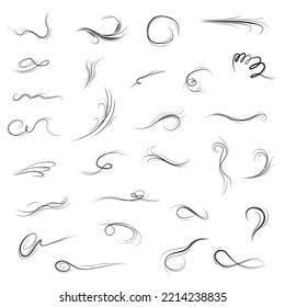 Big Set Black Collection Simple Line Winds Gust Squall Curl Doodle Outline Nature Element Vector Design Style Sketch Isolated Illustration