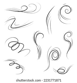 Big Set Black Collection Simple Line Winds Gust Squall Curl Doodle Outline Nature Element Vector Design Style Sketch Isolated Illustration