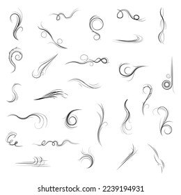 Big Set Black Collection Simple Line Winds Gust Squall Curl Doodle Outline Nature Element Vector Design Style Sketch Isolated Illustration