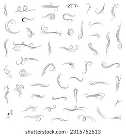 Big Set Black Collection Simple Line Winds Gust Squall Curl Doodle Outline Nature Element Vector Design Style Sketch Isolated Illustration