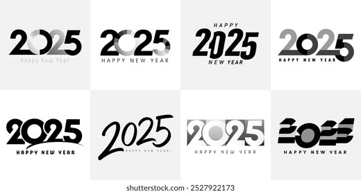 Big set of black colors 2025 number design template. Collection of 2025 Happy New Year signs. Vector greeting cards illustration, cover brochure or calendar template