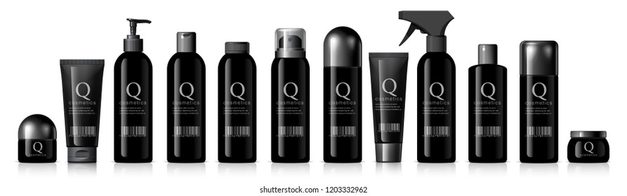 big set of black cosmetic products on a white background. Cosmetic package collection for cream, soups, foams, shampoo. vector illustration.