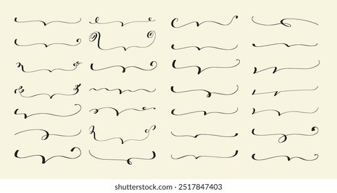 Big set of black doodle sketchy brackets or underline parenthesis. Hand drawn crayon horizontal wavy, notes, strokes. Vector drawn with pen with rough edges, loops. Template doodle graphic elements.