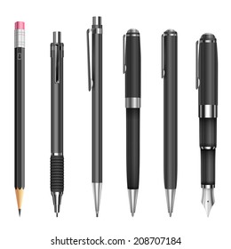 Big set of black engineering and office pens and pencils, vector illustration