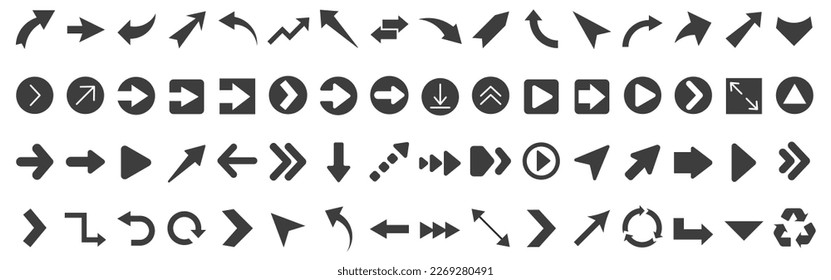 Big set of black filled arrows. Arrow and Cursor vector collection. Big set of vector flat arrows. 