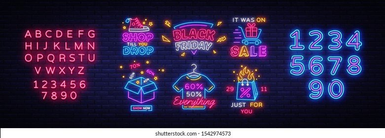 Big set Black Friday Neon Signs. Black Friday Vector illustration discount sale concept in neon style, online shopping and marketing concept. Luminous signboard. Editing text neon sign.