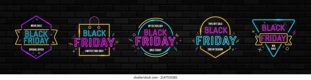 Big set Black Friday neon signs. Night bright advertisement. Vector illustration for retail, sale, promotion. Advertising design.