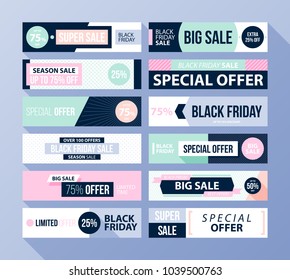 Big set of Black Friday web banners with soft colors in flat style on blue background