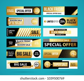 Big set of Black Friday web banners in golden style on turquoise background