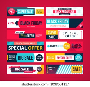 Big set of Black Friday web banners in modern flat style on vibrant red background