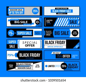 Big set of Black Friday web banners in black and blue style on bright background