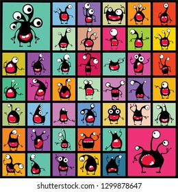 Big set of black Funny Monsters with different emotions on color shapes. cartoon illustration