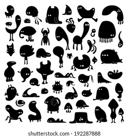 Big set of black funny monsters for design