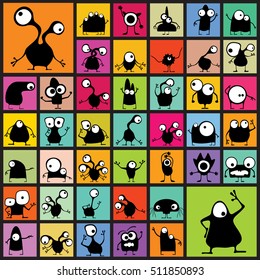 Big set of black Funny Monsters  on different color shapes. cartoon illustration