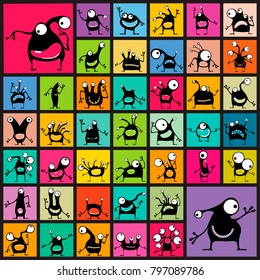 Big set of black Funny Monsters with different emotions on color shapes. cartoon illustration