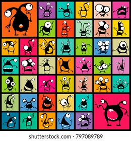 Big set of black Funny Monsters with different emotions on color shapes. cartoon illustration