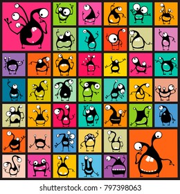 Big set of black Funny Monsters with different emotions on color shapes. cartoon illustration