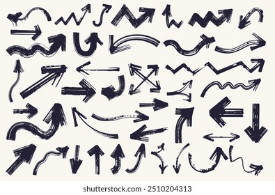 Big set of black hand drawn vector design arrows doodle on white background. Collection of bold brush drawn arrows of different sizes.  Template element vector illustration.