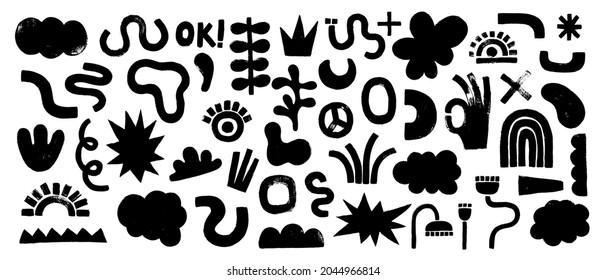 Big set of black hand painted various shapes, curls, forms and doodle objects. Abstract modern minimalist trendy vector illustration with grunge texture.