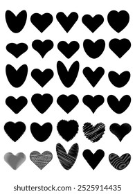 Big set of black hearts of different shapes on white isolated background. Design elements for Valentine's Day, websites, wedding. Vector.