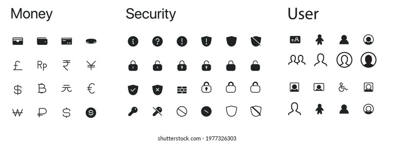 Big set of black icons vectorial. Money, security and user icons for web developer