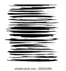 Big set of black long textured straight strokes isolated on white background