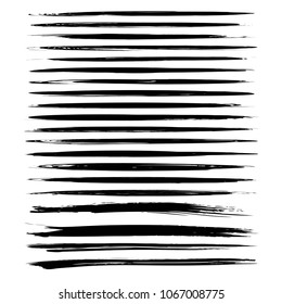 Big set of black long thin abstract textured smears isolated on a white background