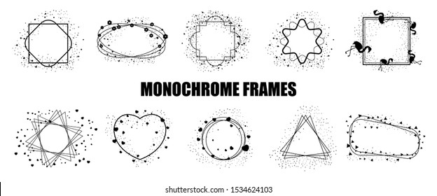 Big set of black monochrome frames for banners, cards, invitations, weddings and holidays. Geometric shapes circle, heart, square, star. Vector isolated objects on a white background.