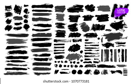 Big Set of black paint, ink brush strokes, brushes, lines, grungy. Dirty artistic design elements, boxes, frames. Vector illustration. Isolated on white background. Freehand drawing