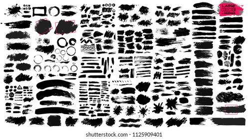 Big Set of black paint, ink brush strokes, brushes, lines, grungy. Dirty artistic design elements, boxes, frames. Vector illustration. Isolated on white background. Freehand drawing