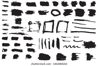Big set of black paint, ink brush strokes, brushes, lines, grungy. Freehand drawing. Dirty artistic design elements, boxes, frames. Vector abstract illustration. Isolated on white background.