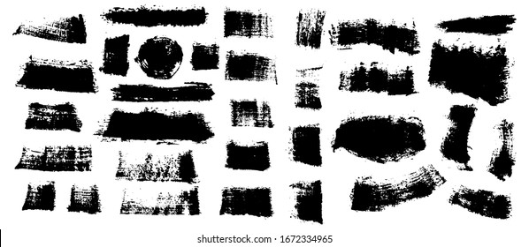 Gran conjunto de pintura negra, pinceladas de pincel de tinta, pinceles, líneas, gruñido. Dibujo a mano libre. Elementos de diseño artístico sucios, cajas, cuadros. Ilustración abstracta vectorial. Aislado sobre fondo blanco.