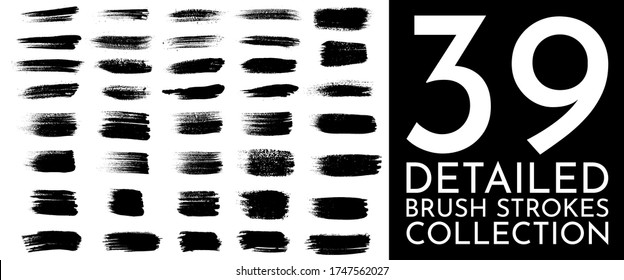 Gran conjunto de pintura negra, trazos de pincel de tinta, pinceles, líneas, gruñido. Dibujo a mano libre. Elementos de diseño artístico sucio, cajas, marcos. Ilustración abstracta vectorial. Aislado sobre fondo blanco.