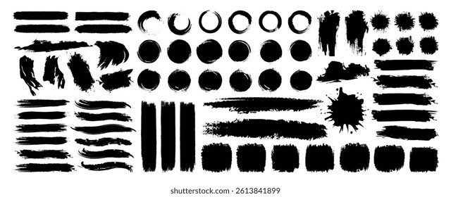 Big set of black paint, ink brush strokes, splatter, lines, grungy. Dirty artistic design elements, boxes, frames. Black ink stain, splash, splatter and watercolor texture illustration.