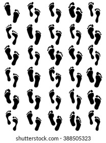 Big set of black prints of human bare feet, vector