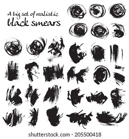 Big set of black realistic smears isolated on a white background 3