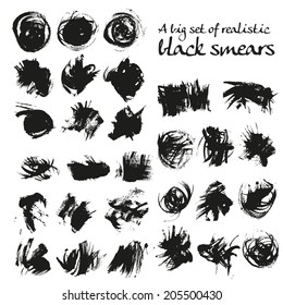 A big set of black realistic smears isolated on white background 