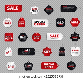 Grande conjunto de preto, vermelho e branco Black Friday etiquetas e etiquetas várias formas no fundo transparente com texto para compras - SUPER VENDA, Desconto, Oferta especial, Mostrar agora, Oferta limitada, Melhor preço.