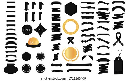 Big set of black ribbons for design, discount offer, gift, tape for text, price tag, sale label. Retro style. Vintage. Flat ribbon illustration isolated on white background.