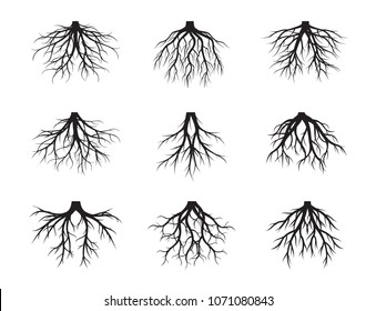 Big set of black Roots Tree. Vector Illustration.