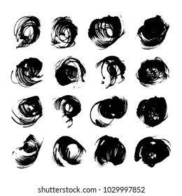 Big set of black round abstract textured smears isolated on a white background